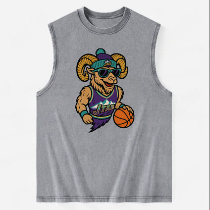 Utah Bighorn wearing Jazz beanie with mountain melody patch and wayfarer - Vintage Washed Tank - Grey