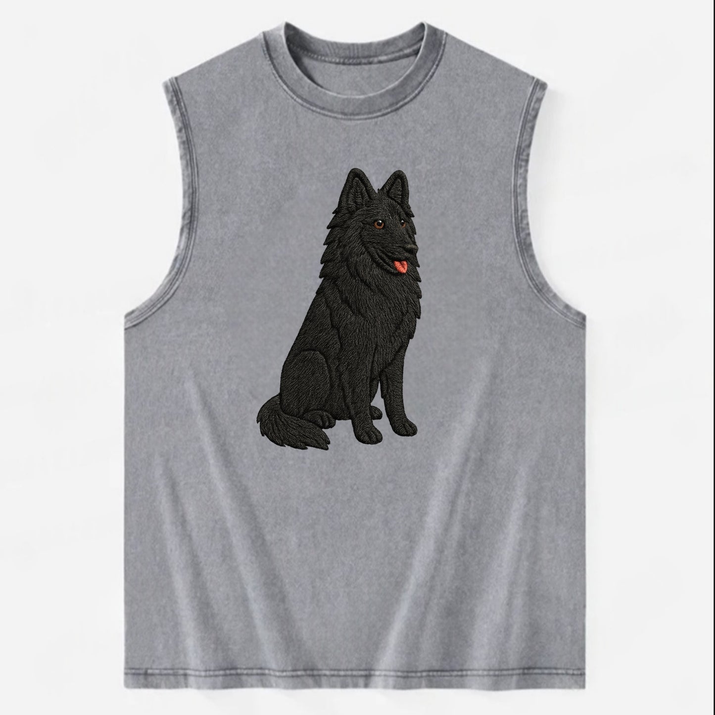 Belgian Sheepdog - Black long-haired embroidered pose - Vintage Washed Tank - Grey