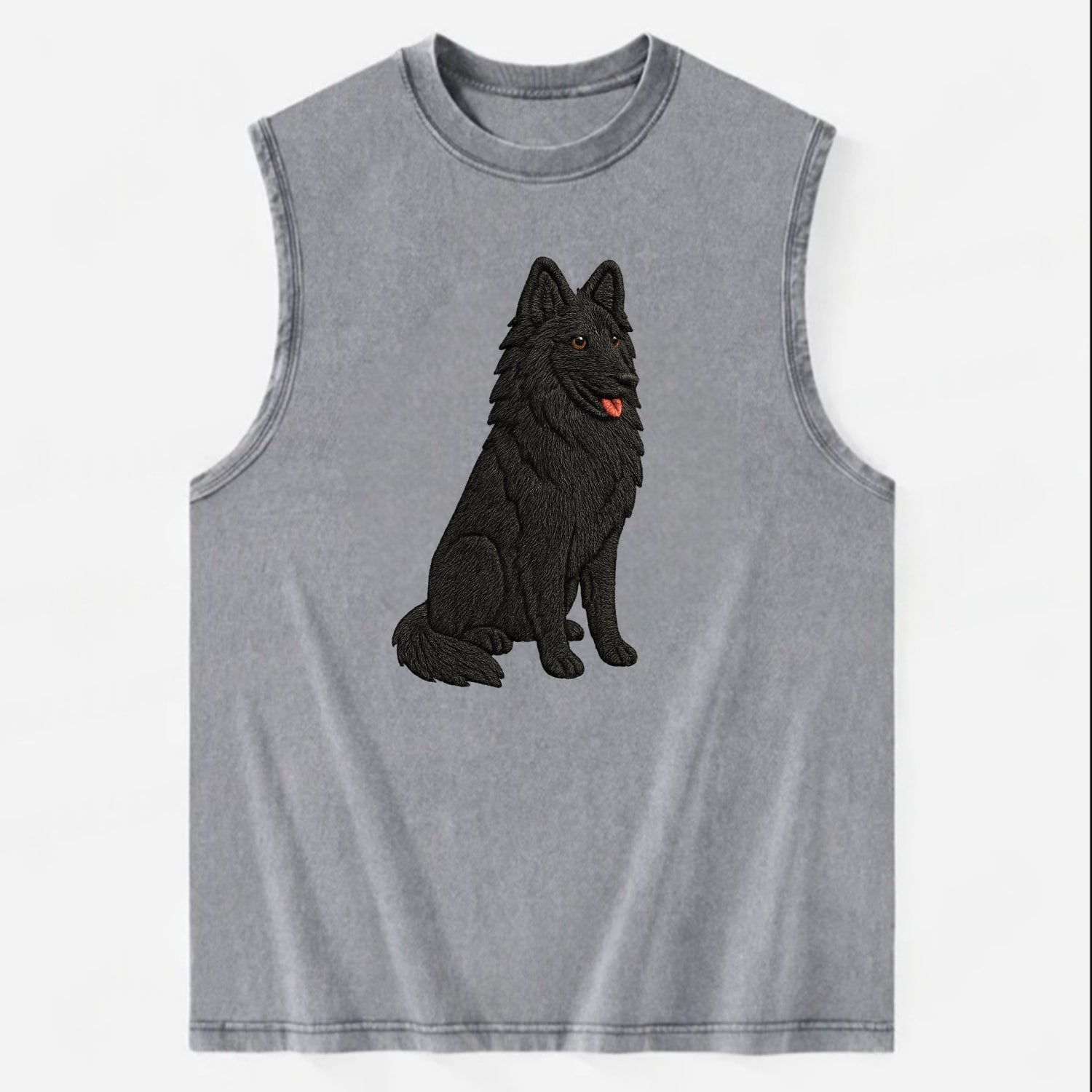Belgian Sheepdog - Black long-haired embroidered pose - Vintage Washed Tank - Grey