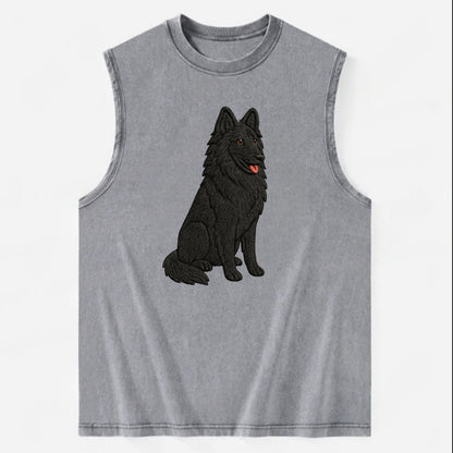 Belgian Sheepdog - Black long-haired embroidered pose - Vintage Washed Tank - Grey