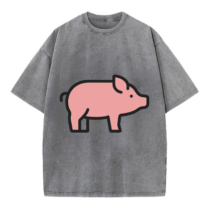 Pig - Pink farm pig flat side profile - Vintage T-shirt - Grey