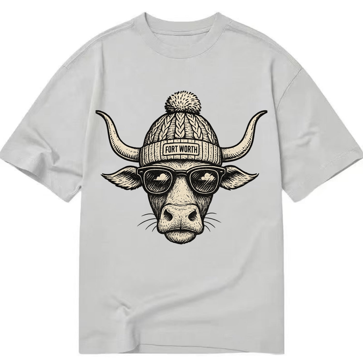 Fort Worth Longhorn wearing Fort Worth beanie with pom pom and wayfarer sunglasses - Classic T-shirt - Grey