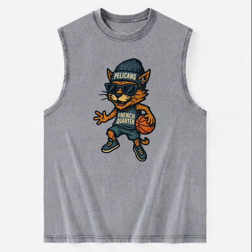 French Quarter Cat wearing Pelicans beanie with Mardi Gras patch and wayfarer - Vintage Washed Tank