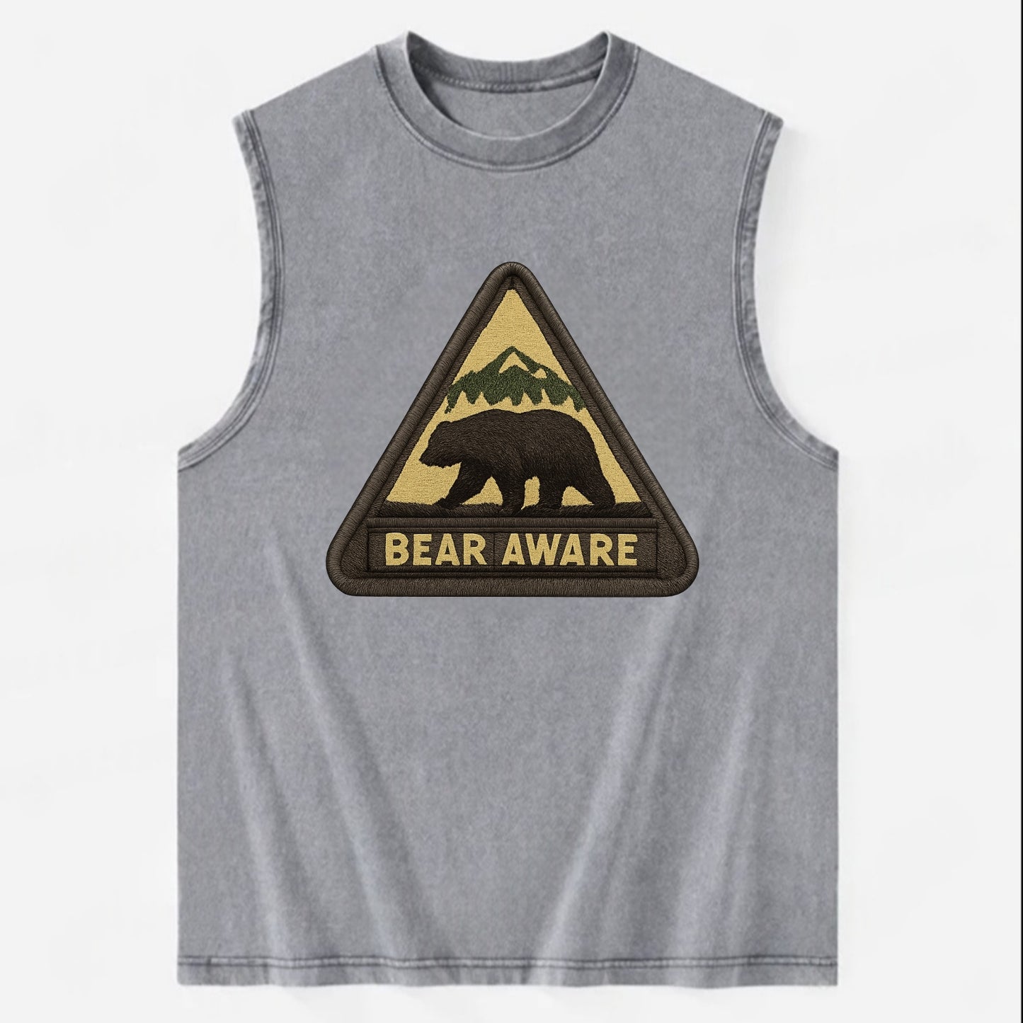 BEAR AWARE - bear silhouette warning in brown and yellow , wilderness safety - Vintage Washed Tank - Grey