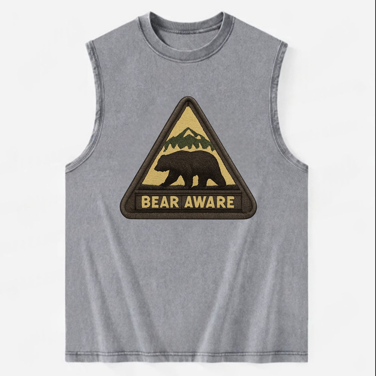 BEAR AWARE - bear silhouette warning in brown and yellow , wilderness safety - Vintage Washed Tank - Grey