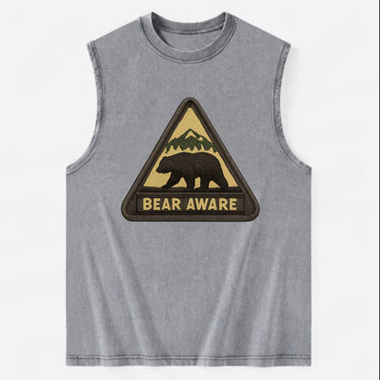 BEAR AWARE - bear silhouette warning in brown and yellow , wilderness safety - Vintage Washed Tank - Grey
