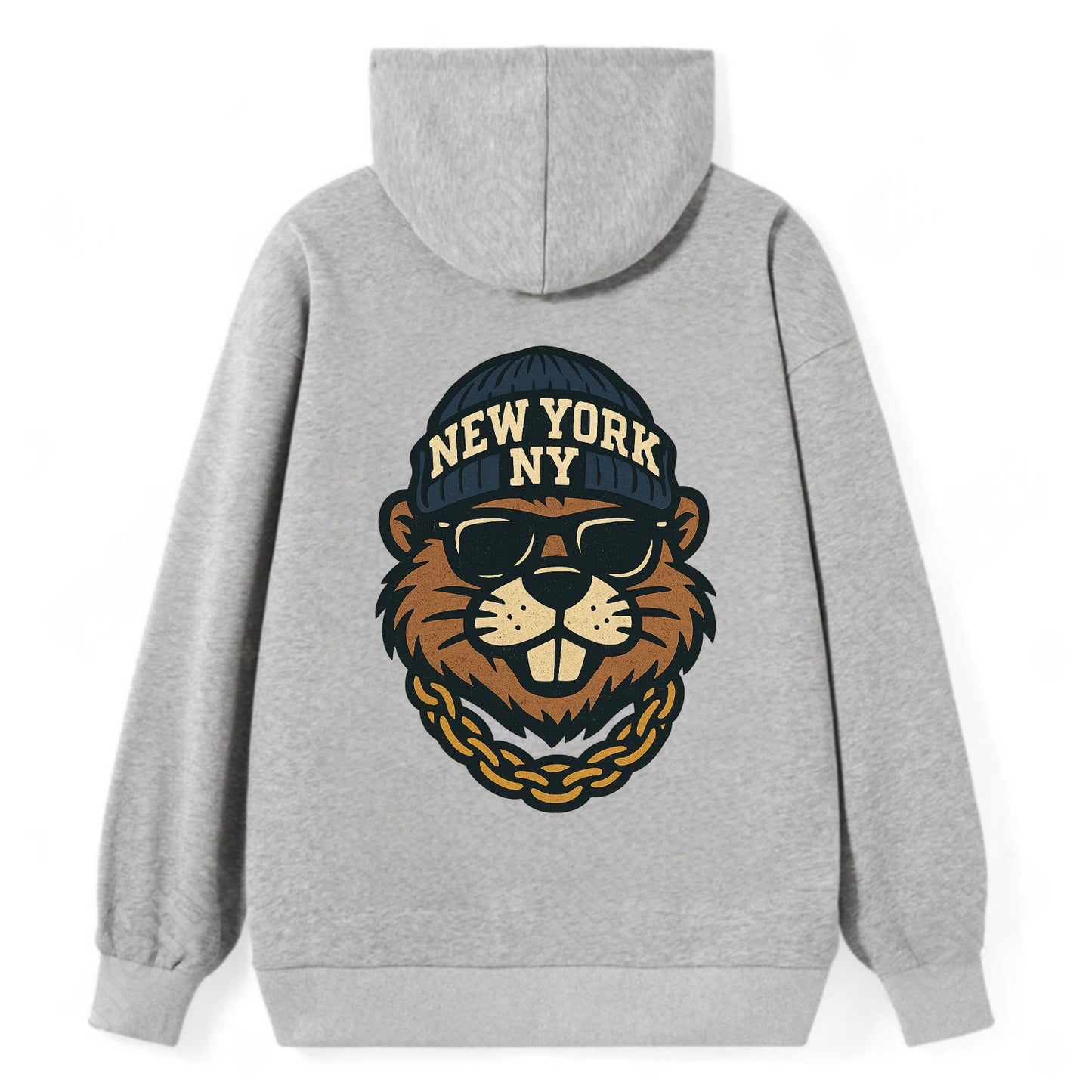 {"animal":"beaver","locationText":"NEW YORK","initials":"NY","beanieColor" - Classic Pullover Hoodie - Grey