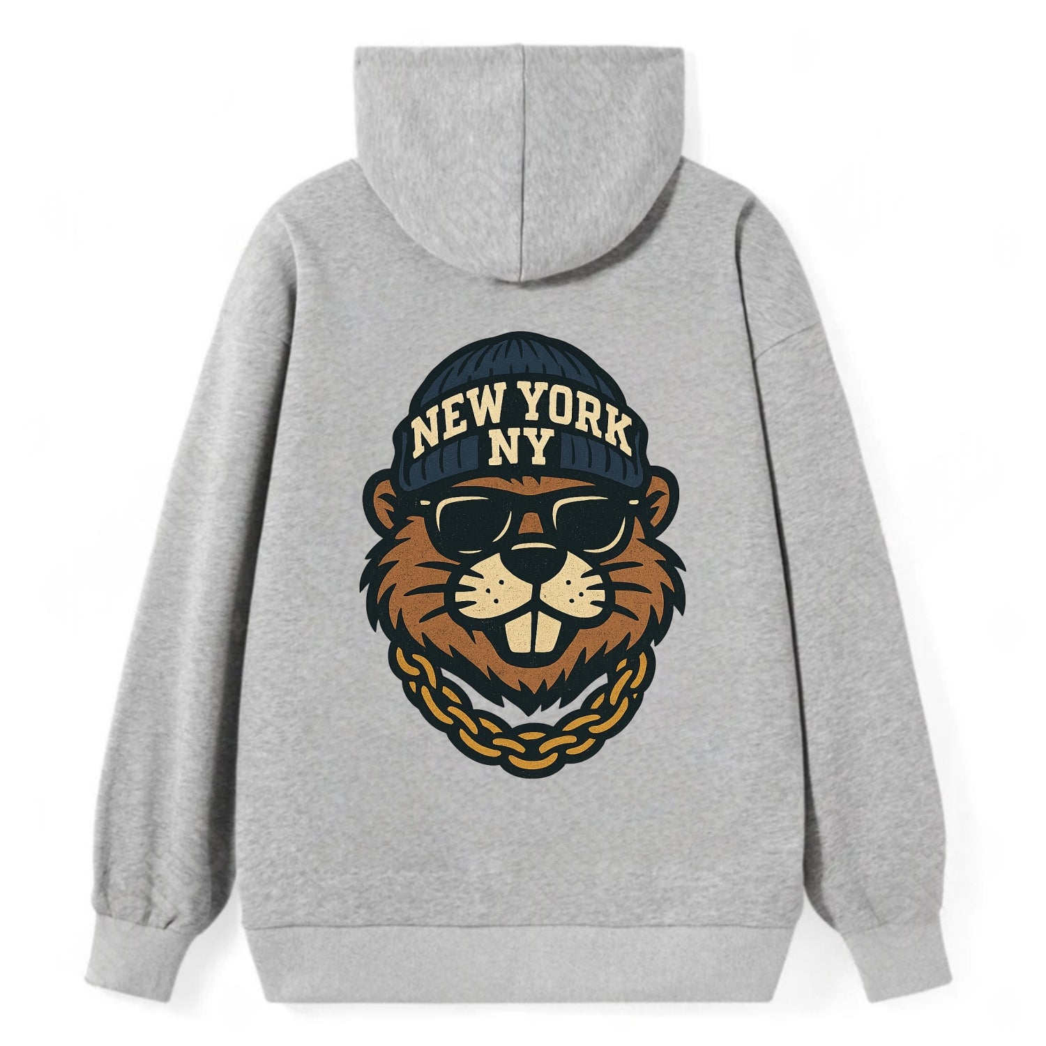 {"animal":"beaver","locationText":"NEW YORK","initials":"NY","beanieColor" - Classic Pullover Hoodie - Grey