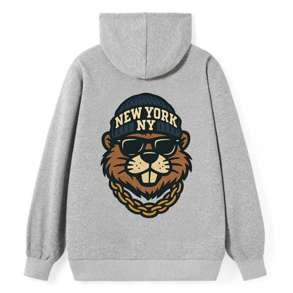 {"animal":"beaver","locationText":"NEW YORK","initials":"NY","beanieColor" - Classic Pullover Hoodie - Grey