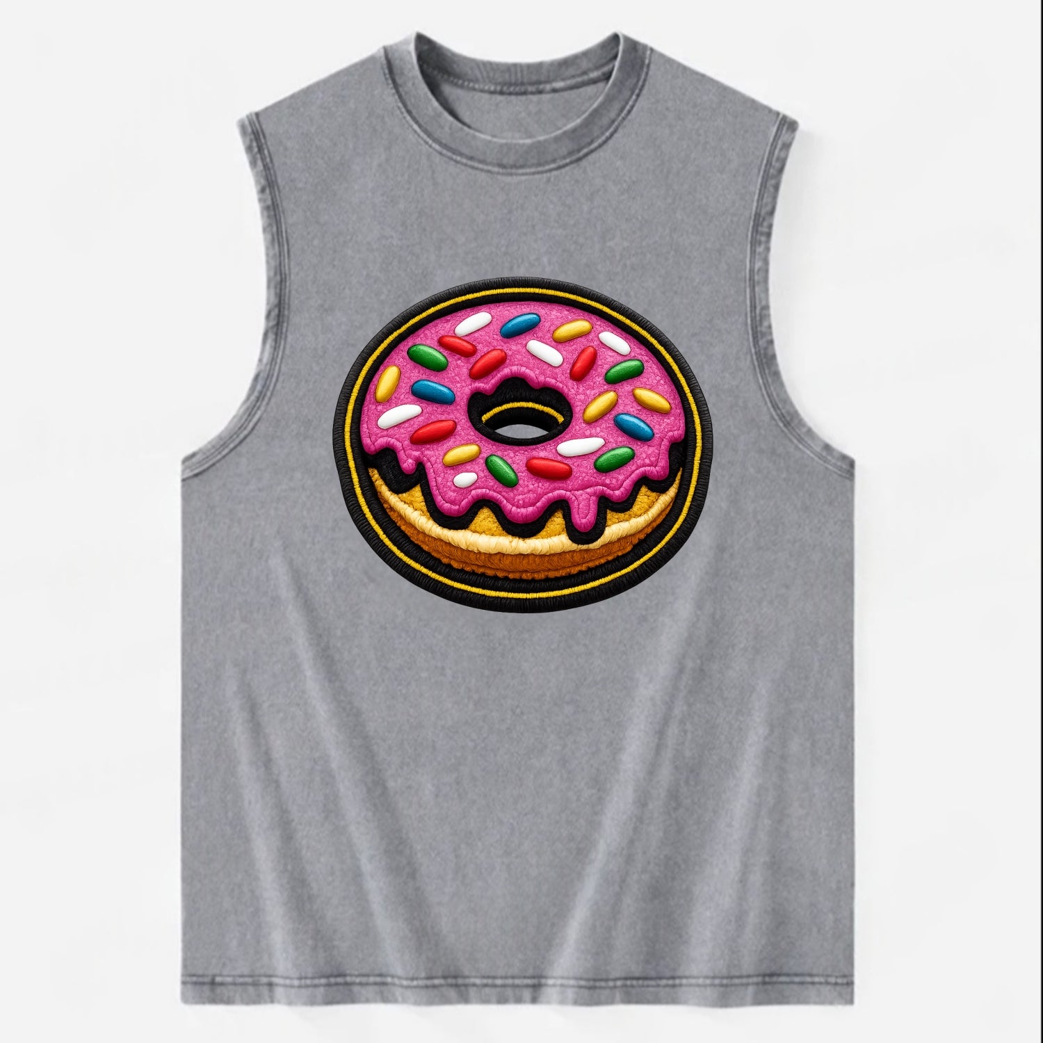 DONUT SPRINKLES - glazed donut with sprinkles in pink and rainbow , sweet - Vintage Washed Tank - Grey