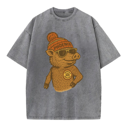 Phoenix Javelina wearing Phoenix beanie with pom pom and wayfarer sunglasses - Vintage T-shirt - Grey