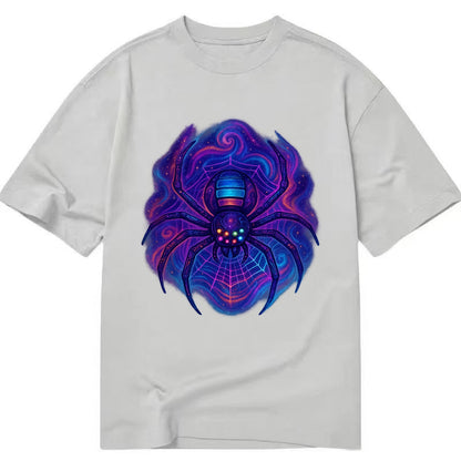 Tech spider with legs showing circuit board patterns, web glowing in neon grid - Classic T-shirt - Grey