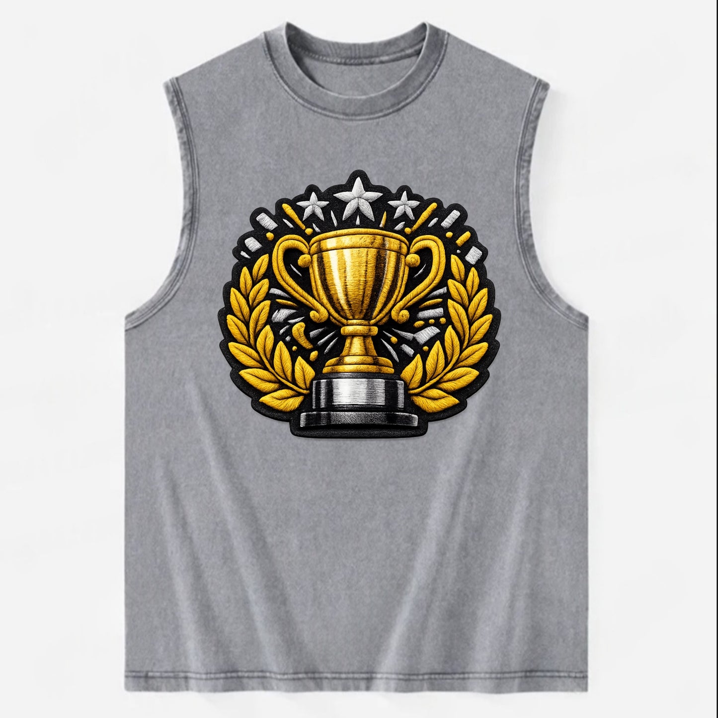 Embroidered patch design - CHAMPIONSHIP TROPHY - golden trophy cup with - Vintage Washed Tank - Grey