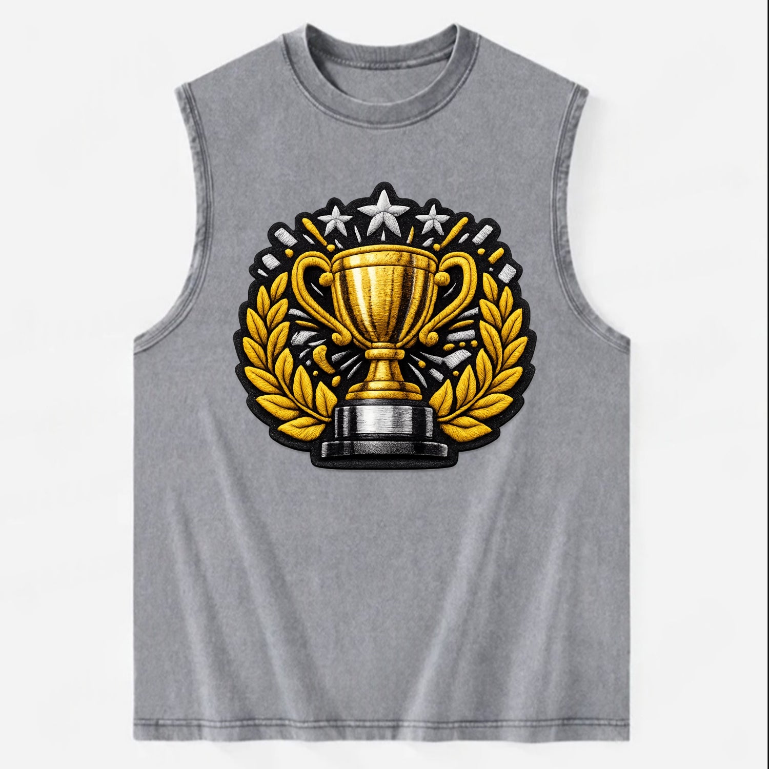 Embroidered patch design - CHAMPIONSHIP TROPHY - golden trophy cup with - Vintage Washed Tank - Grey