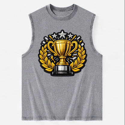 Embroidered patch design - CHAMPIONSHIP TROPHY - golden trophy cup with - Vintage Washed Tank - Grey