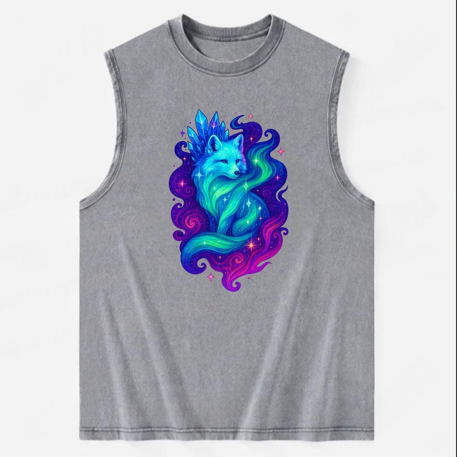 Ethereal arctic fox with fur that transforms into crystal formations, - Vintage Washed Tank - Grey