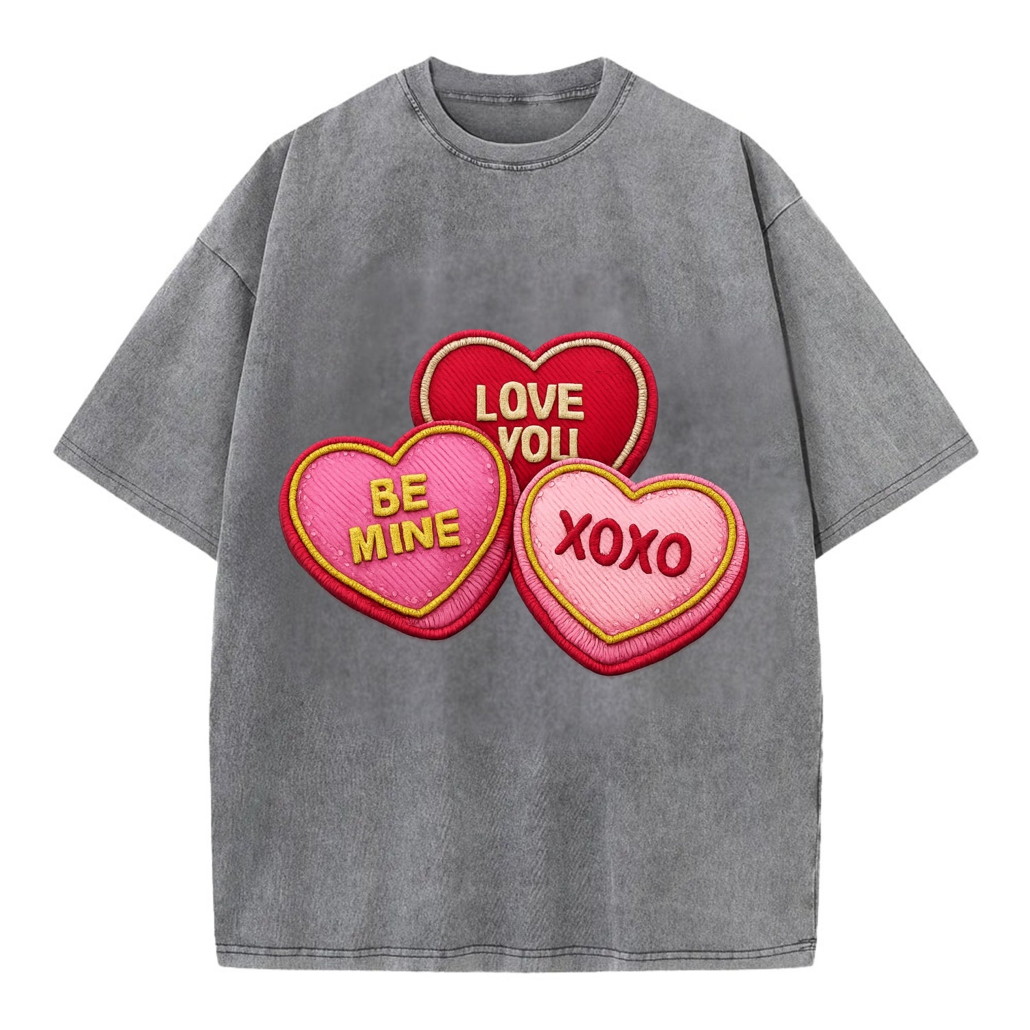 VALENTINES HEARTS - candy hearts in pink and red , love day - Vintage T-shirt - Grey