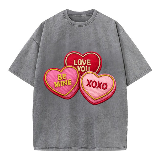 VALENTINES HEARTS - candy hearts in pink and red , love day - Vintage T-shirt - Grey