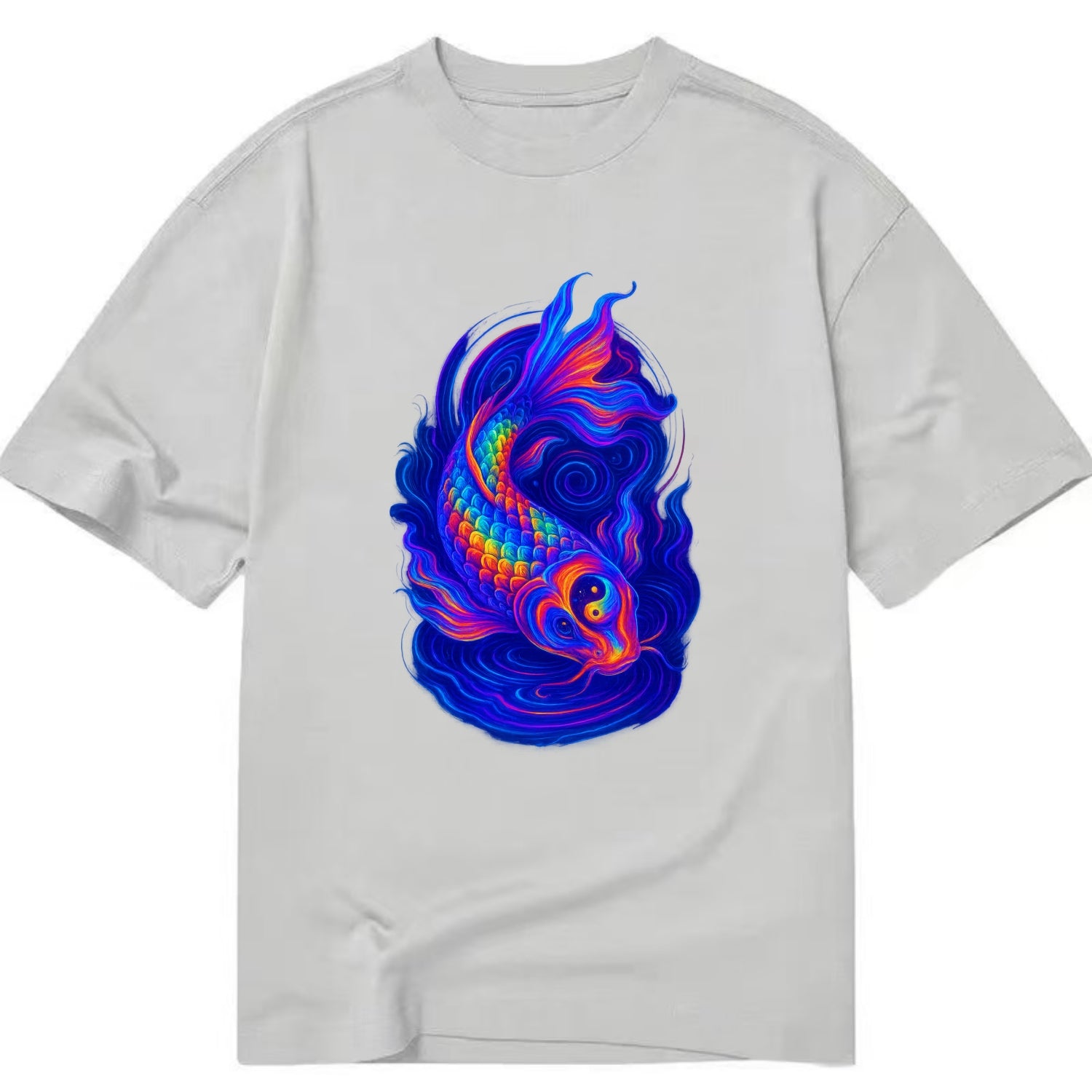 Sacred koi with scales reflecting rainbow prisms, yin-yang patterns in cosmic - Classic T-shirt - Grey