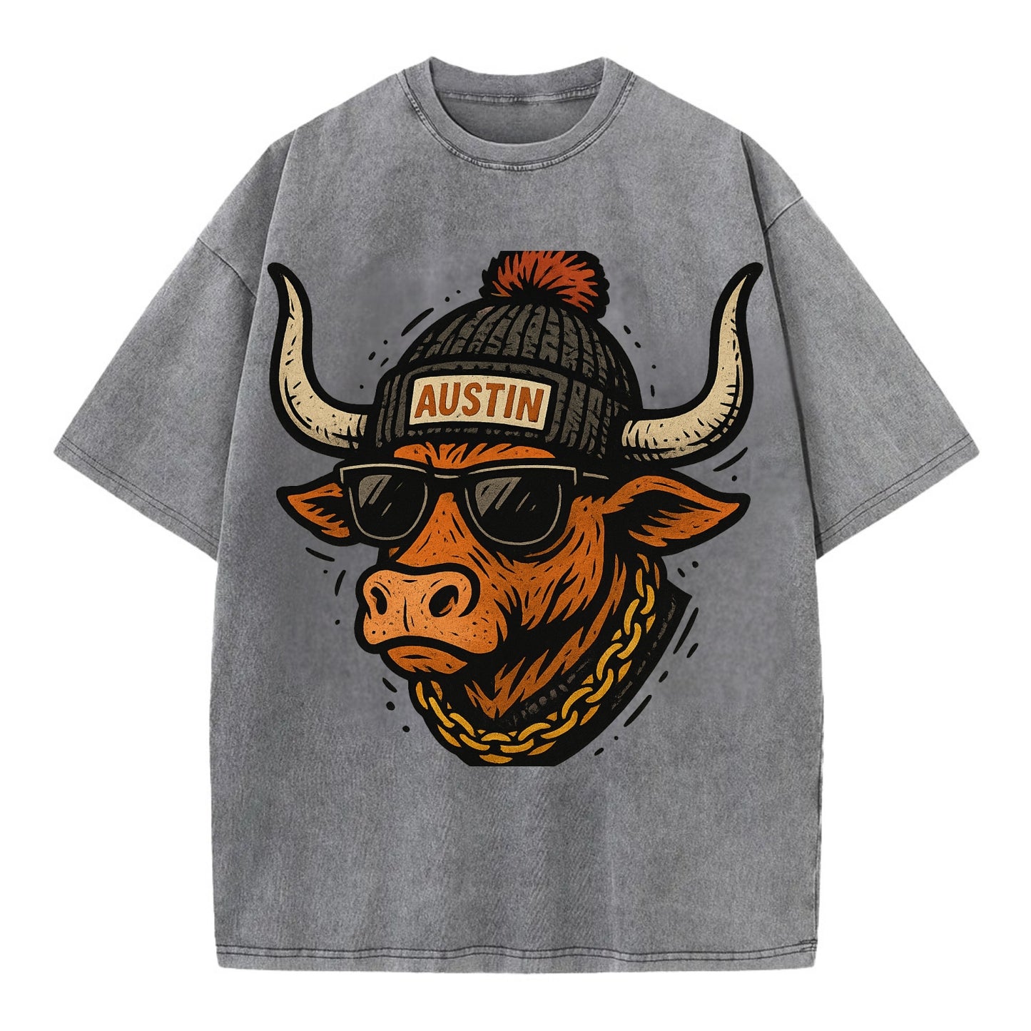 Texas Longhorn wearing Austin beanie with pom pom and wayfarer sunglasses - Vintage T-shirt - Grey