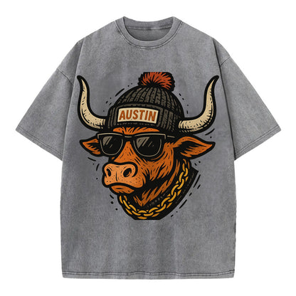 Texas Longhorn wearing Austin beanie with pom pom and wayfarer sunglasses - Vintage T-shirt - Grey