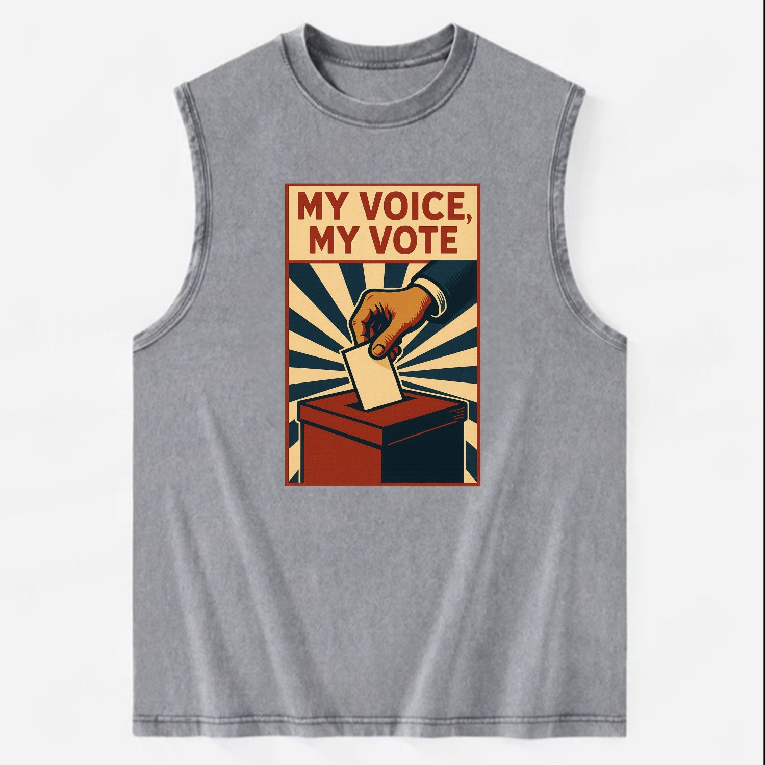 Hand dropping ballot into box with determination - "My Voice, My Vote" - - Vintage Washed Tank - Grey