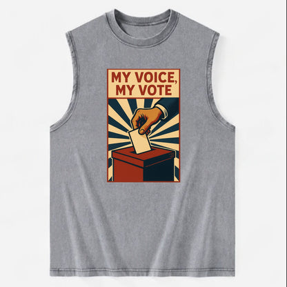 Hand dropping ballot into box with determination - "My Voice, My Vote" - - Vintage Washed Tank - Grey