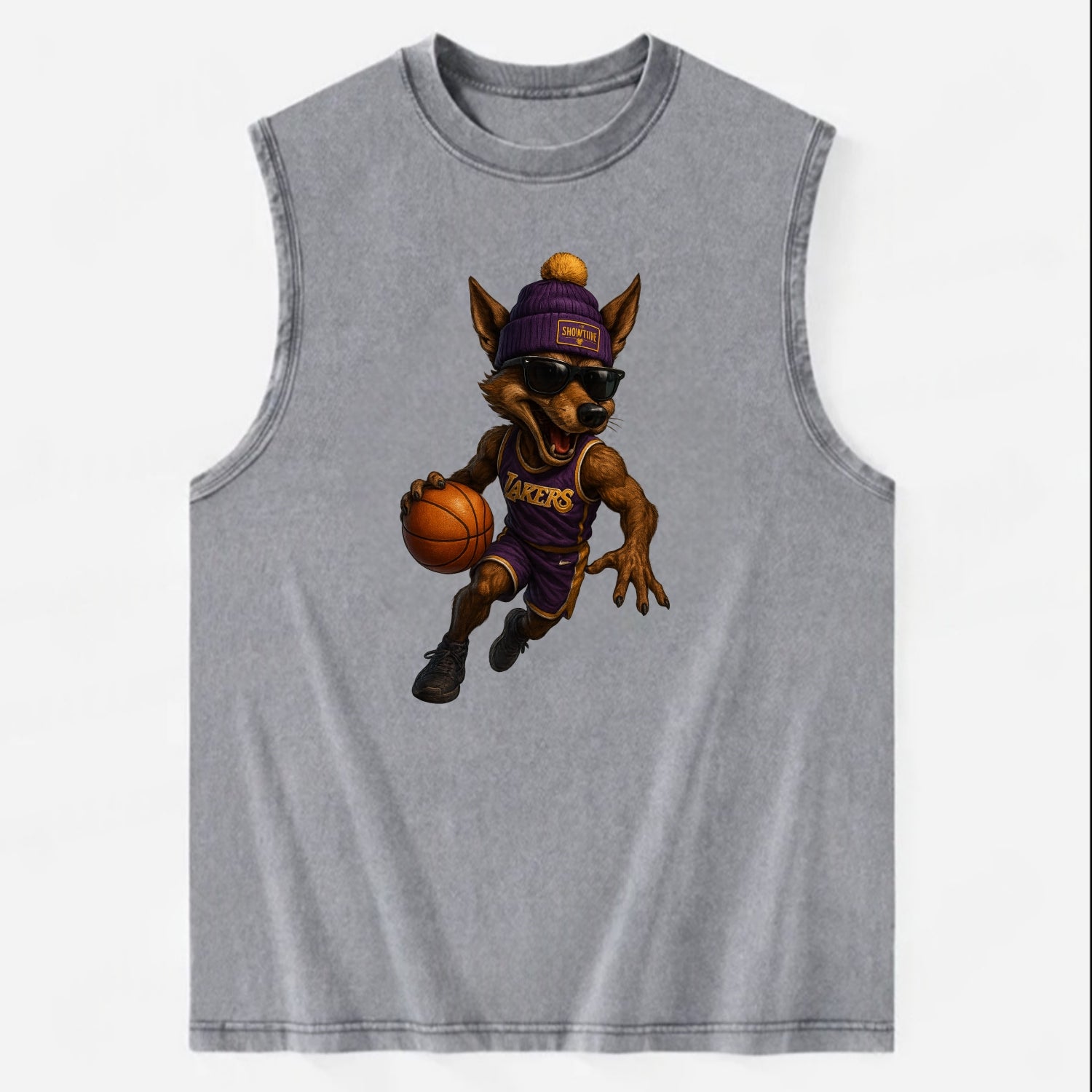 Hollywood Coyote wearing Lakers beanie with Showtime patch and wayfarer - Vintage Washed Tank - Grey