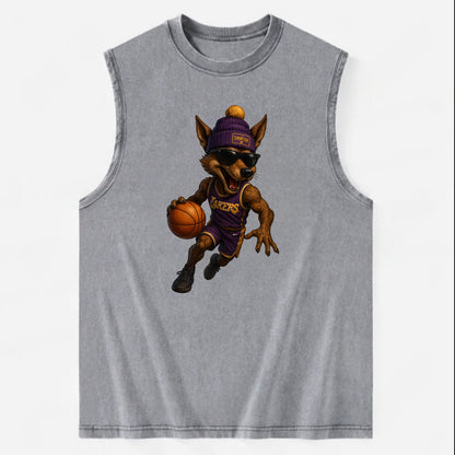 Hollywood Coyote wearing Lakers beanie with Showtime patch and wayfarer - Vintage Washed Tank - Grey