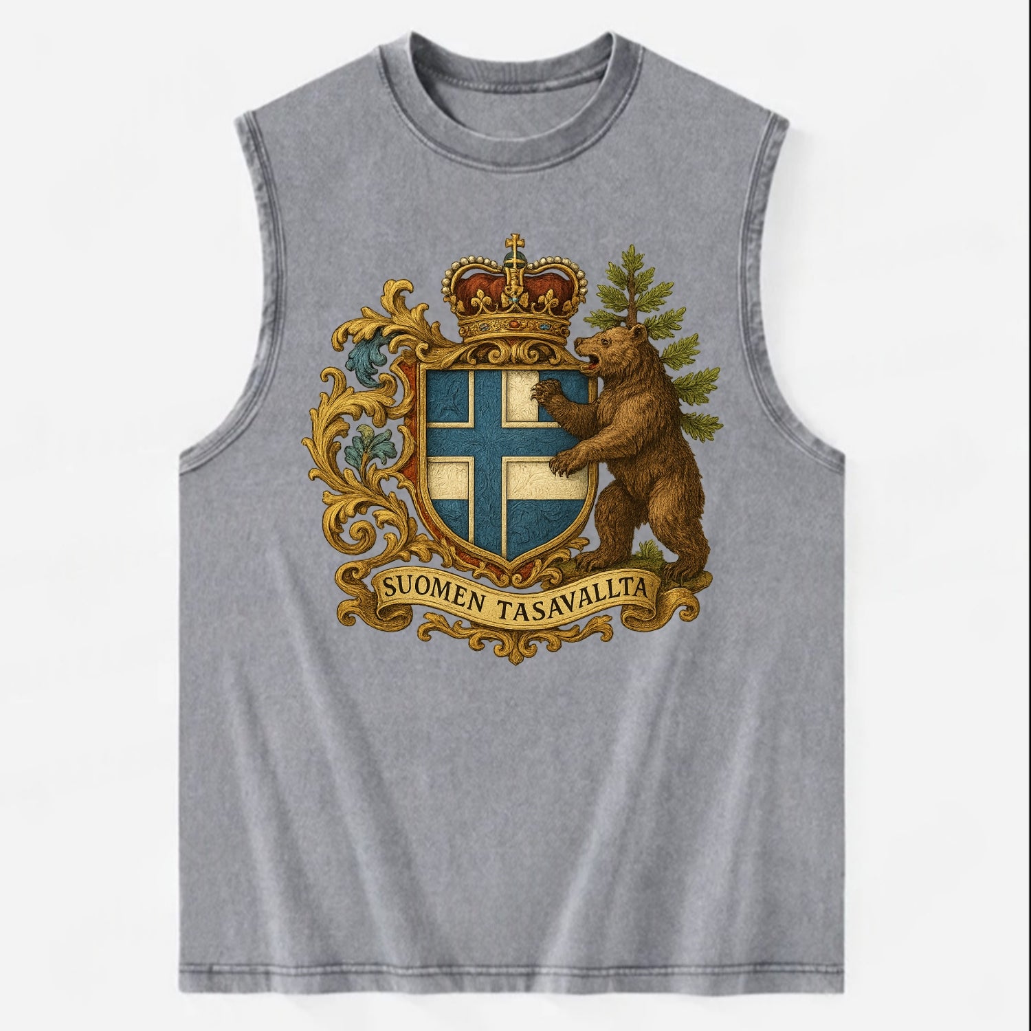 Finland Brown Bear Emblem  - Vintage Washed Tank - Grey