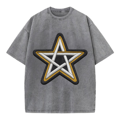 PENTAGRAM STAR - five point star in silver , protection - Vintage T-shirt - Grey