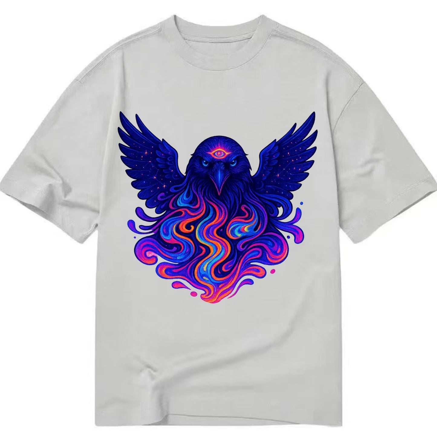 Mysterious raven with feathers showing future visions in neon colors, wings - Classic T-shirt - Grey
