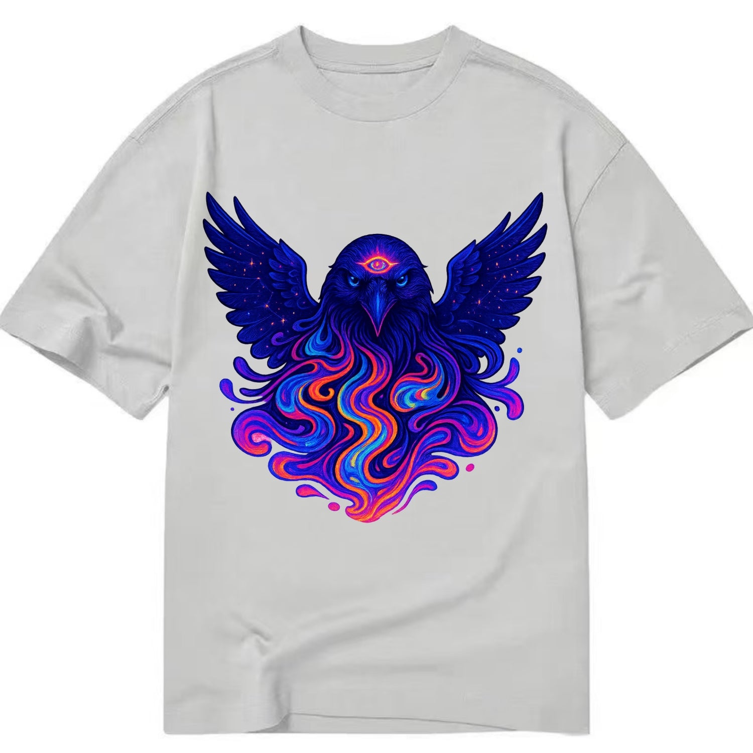 Mysterious raven with feathers showing future visions in neon colors, wings - Classic T-shirt - Grey