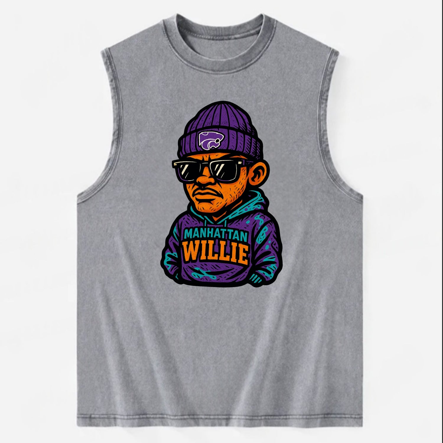 Manhattan Willie wearing Kansas State beanie with powercat patch - Vintage Washed Tank - Grey