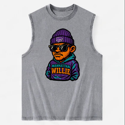 Manhattan Willie wearing Kansas State beanie with powercat patch - Vintage Washed Tank - Grey