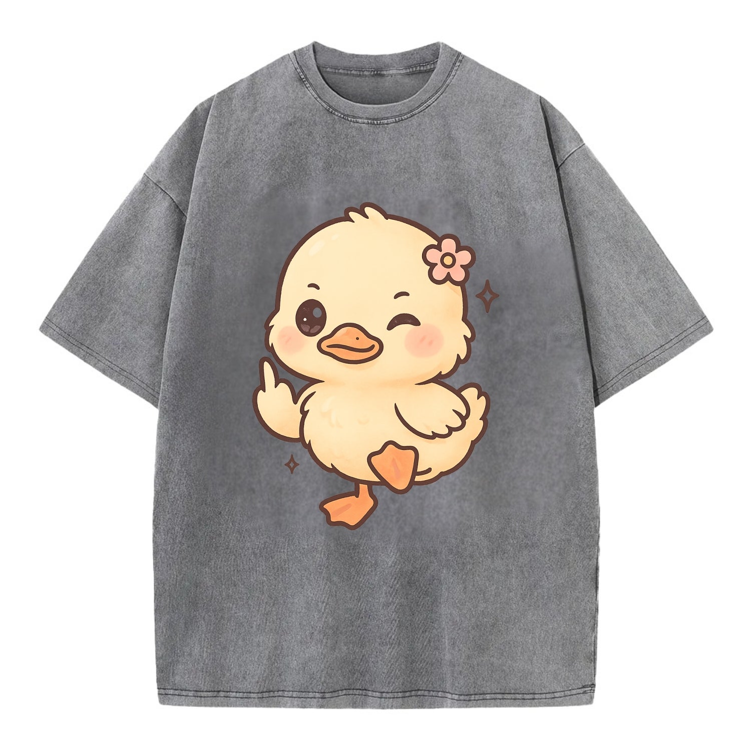 fluffy baby duck with small flower, one webbed foot raised sassily - Vintage T-shirt - Grey