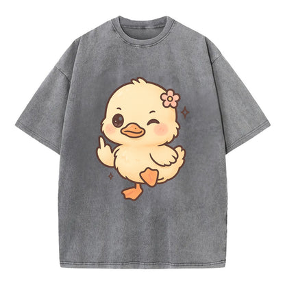 fluffy baby duck with small flower, one webbed foot raised sassily - Vintage T-shirt - Grey