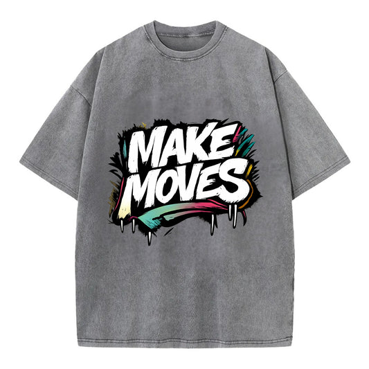 Bold typography design - "MAKE MOVES" - take action, progress forward - Vintage T-shirt - Grey