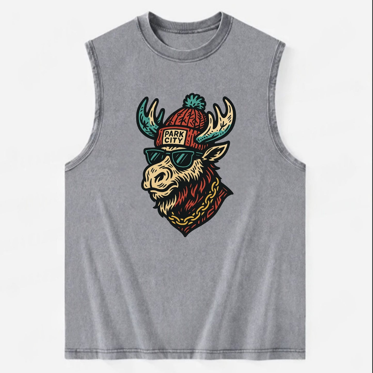 Park City Moose wearing Park City beanie with pom pom and wayfarer sunglasses - Vintage Washed Tank - Grey