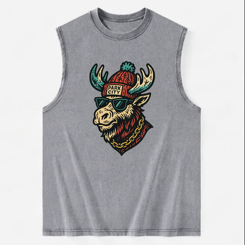 Park City Moose wearing Park City beanie with pom pom and wayfarer sunglasses - Vintage Washed Tank