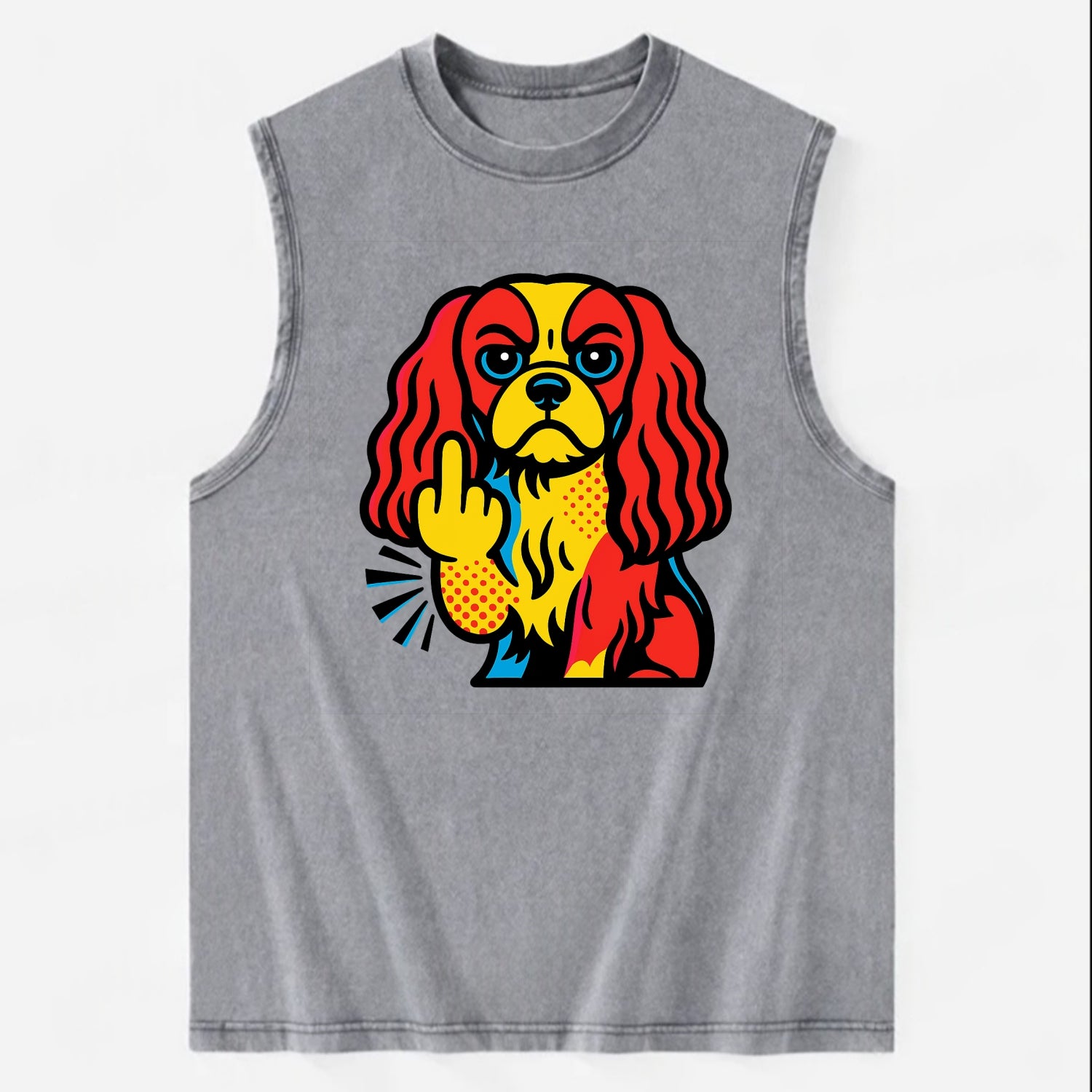 Cavalier King Charles Spaniel with long ears, regal paw giving finger - Vintage Washed Tank - Grey