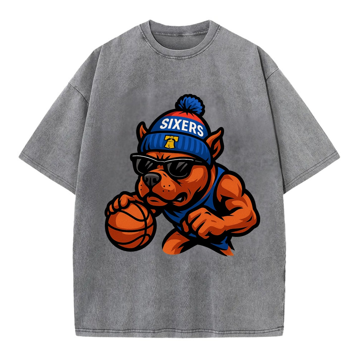 Philly Pitbull wearing Sixers beanie with Liberty Bell and wayfarer sunglasses - Vintage T-shirt - Grey