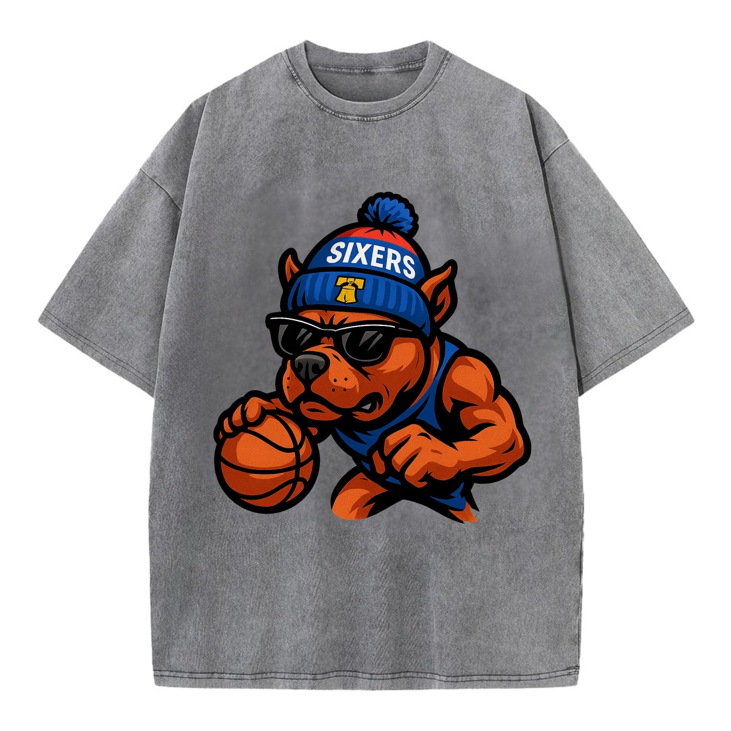 Philly Pitbull wearing Sixers beanie with Liberty Bell and wayfarer sunglasses - Vintage T-shirt - Grey
