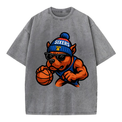 Philly Pitbull wearing Sixers beanie with Liberty Bell and wayfarer sunglasses - Vintage T-shirt - Grey