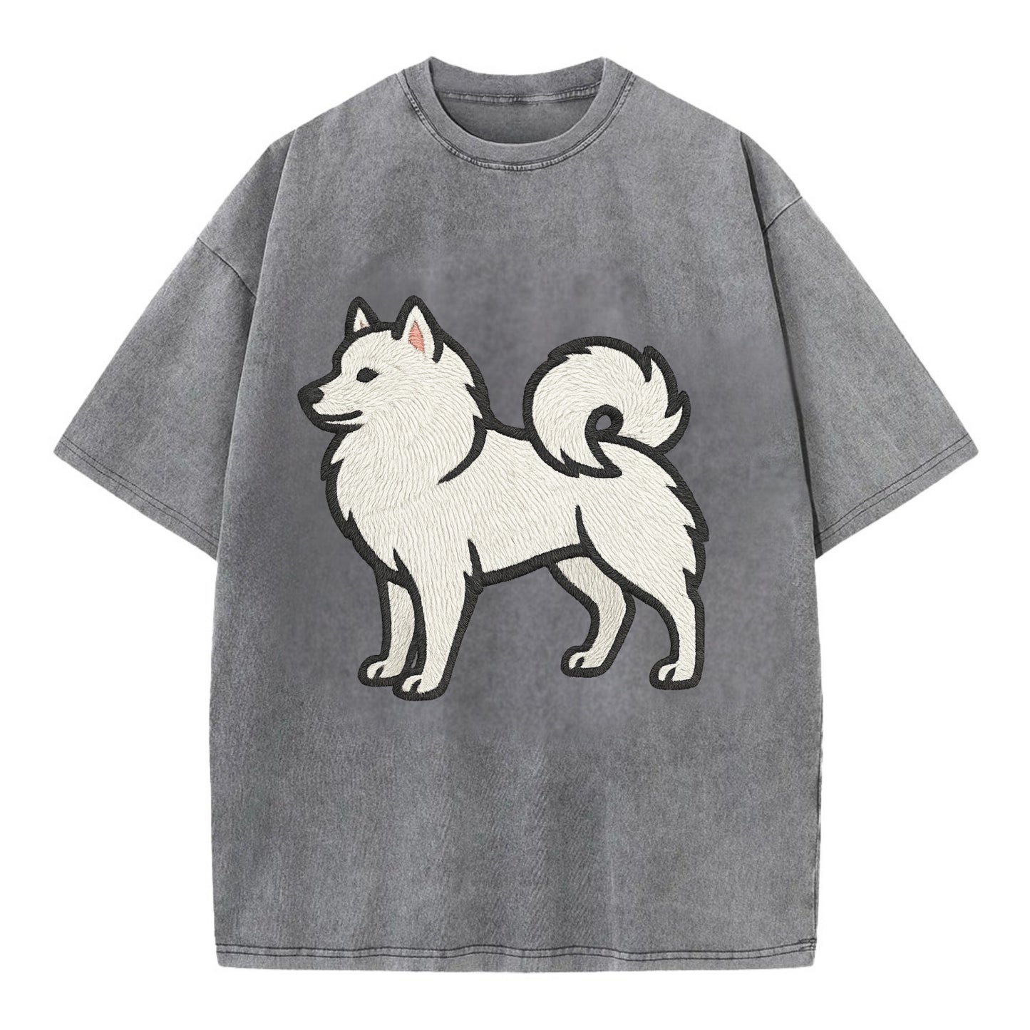 American Eskimo Dog - White spitz embroidered standing design - Vintage T-shirt - Grey