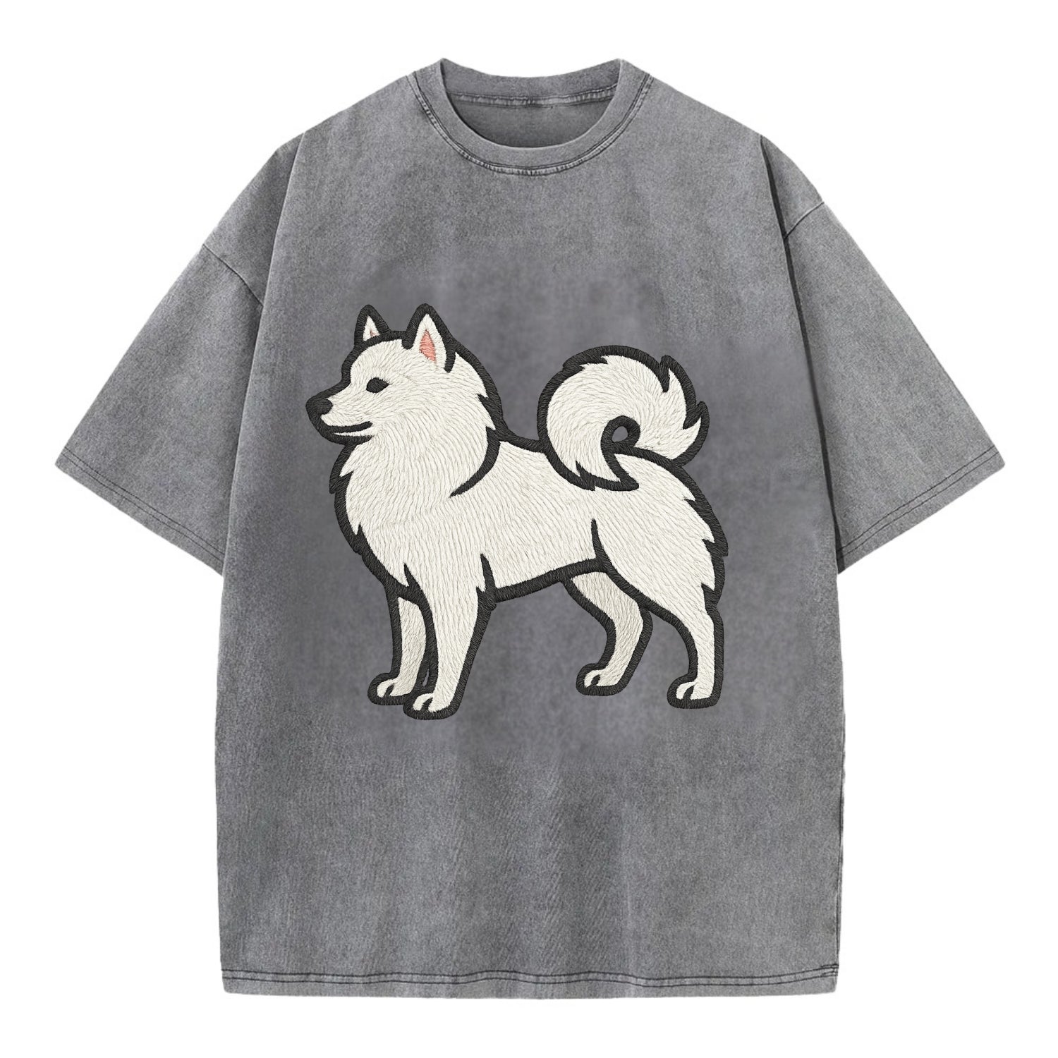 American Eskimo Dog - White spitz embroidered standing design - Vintage T-shirt - Grey