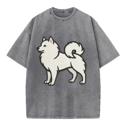 American Eskimo Dog - White spitz embroidered standing design - Vintage T-shirt - Grey