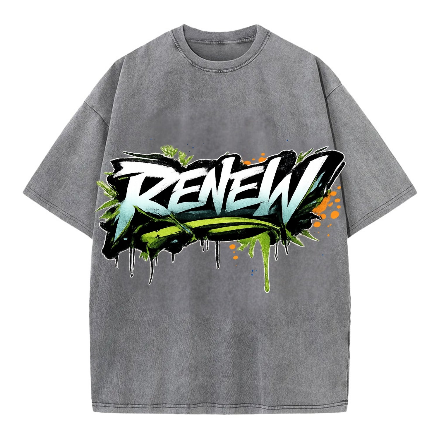 Bold typography design - "RENEW" - starting fresh, regenerating - Vintage T-shirt - Grey