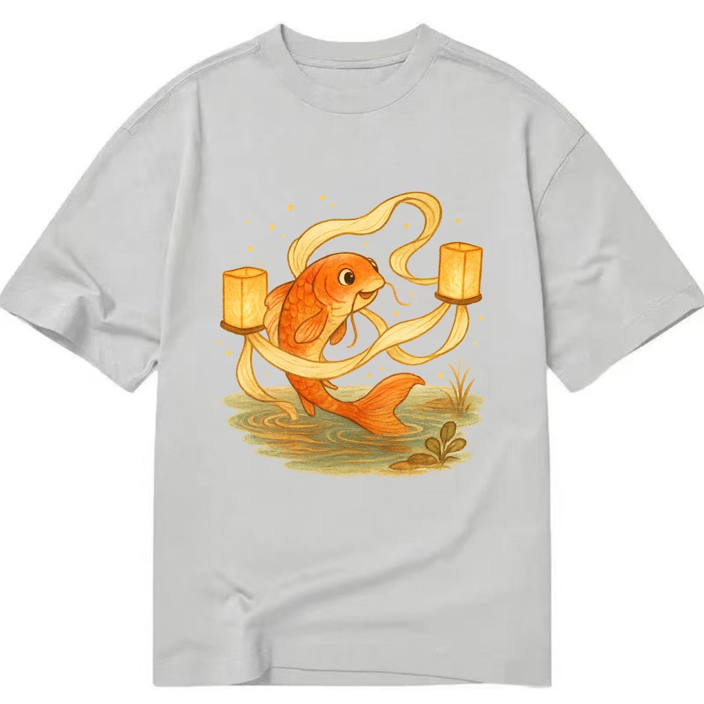 Koi weaving silk streamers through floating lanterns on tranquil water - Classic T-shirt - Grey