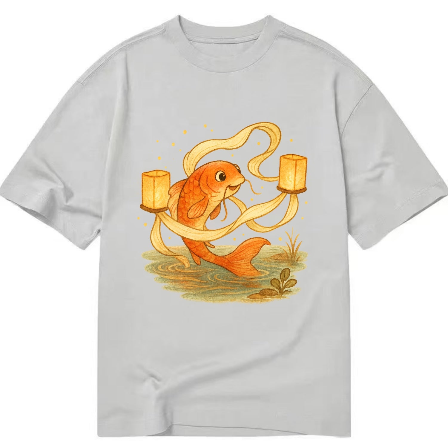 Koi weaving silk streamers through floating lanterns on tranquil water - Classic T-shirt - Grey